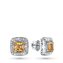 Пусеты из серебра с цитринами и бриллиантами