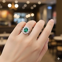 Кольцо из белого золота с изумрудом и бриллиантами