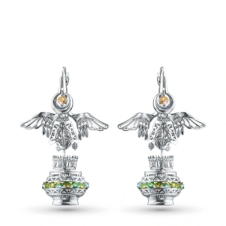 Серьги из серебра с, хризолитами, хромдиопсидами и цитринами